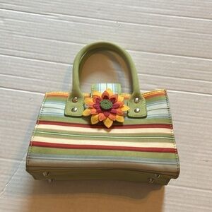 Sisters by Longaberger-mini purse-green, yellow, orange,red, blue, cream stripes